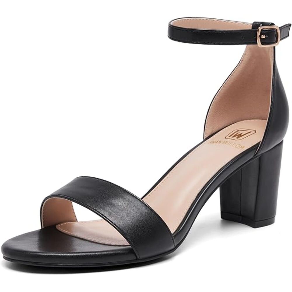 Women Black  Open Toe Ankle Strap Low Chunky Short Heels Wedding Pumps Shoes
